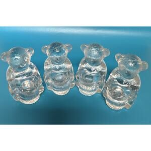 Set Of 4 ( Four ) Lefton Clear Glass Bear Holding a Log Candle Holder Small 2”